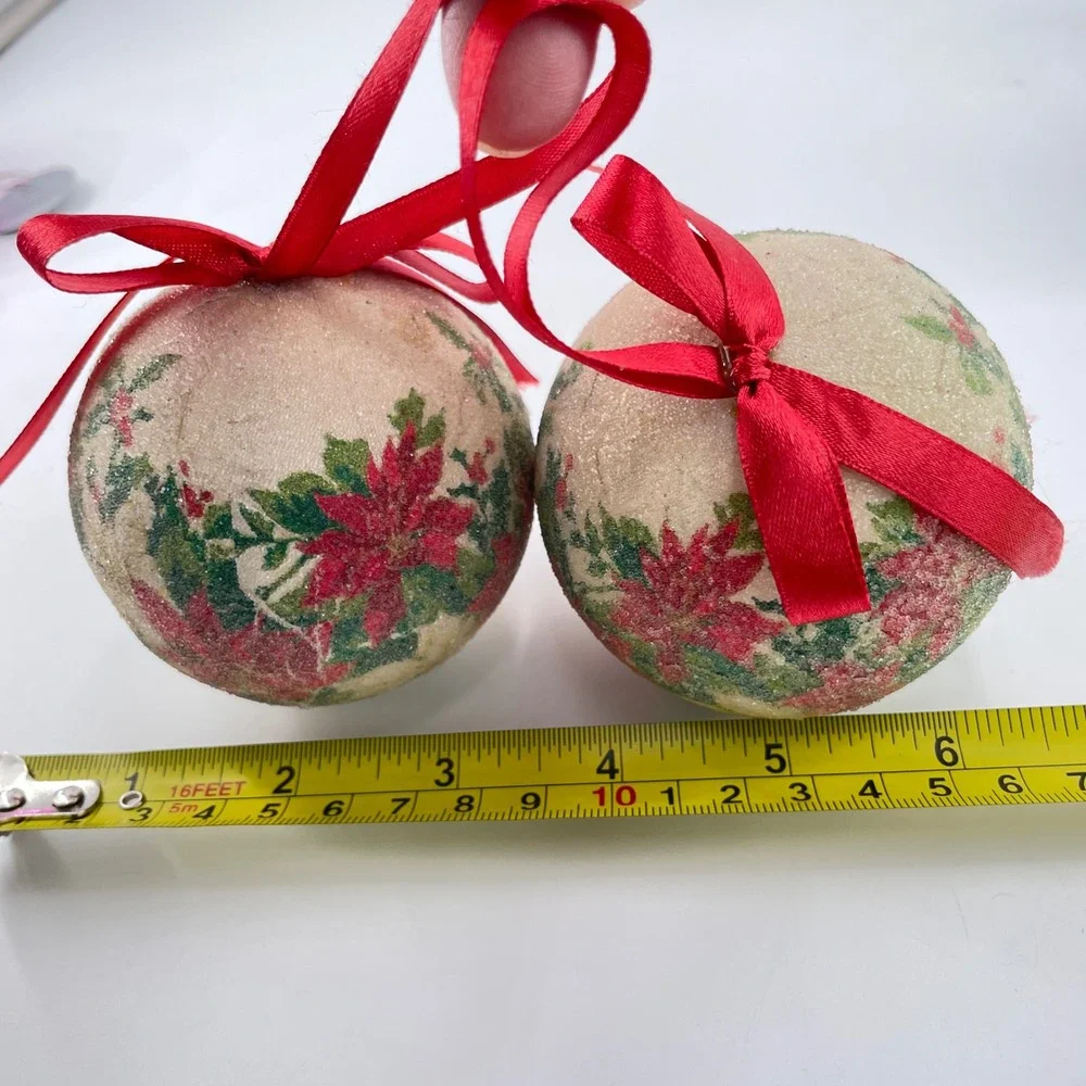Vintage Christmas Ornament Lot 7pc Disco Balls Poinsettia Victorian Santa Bell